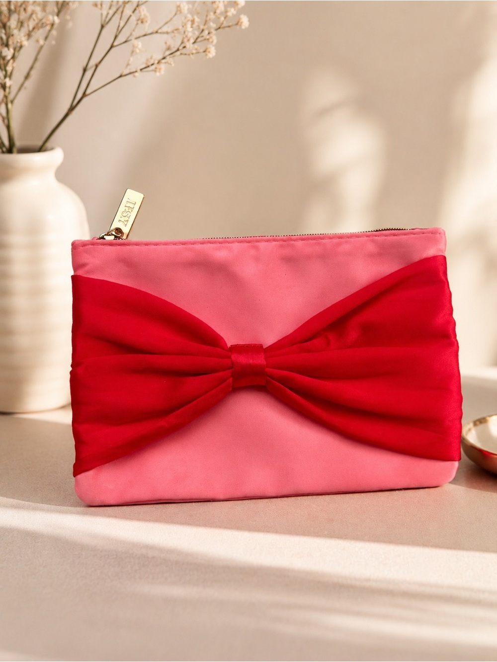 ipsy Pink Cosmetic Pouch with Red Bow